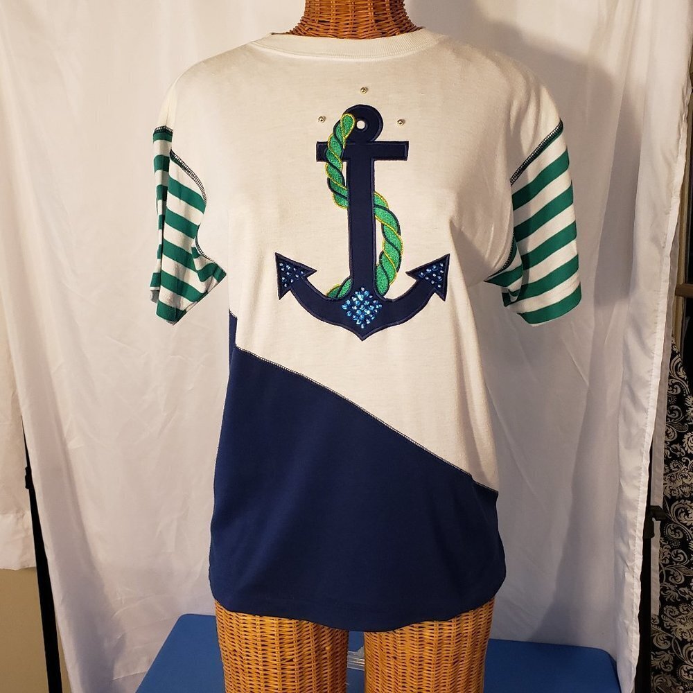 Ladies Vintage  BARBRA SUE 3/4 Sleeve Nautical Jersey w/Anchor - S/P